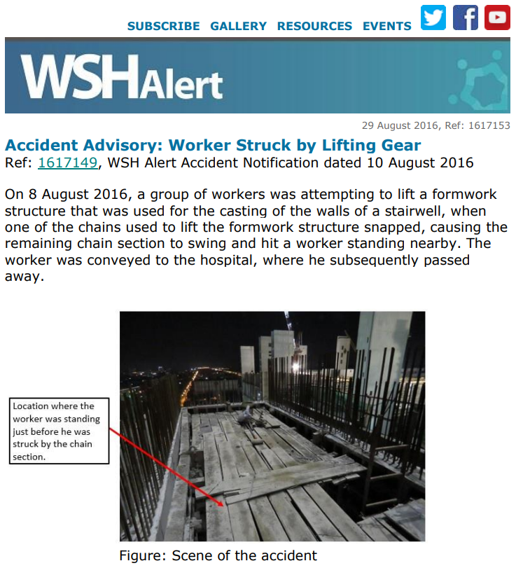 WSH Alert Accident Advisory 29 Aug 2016 Worker Struck by Lifting Gear
