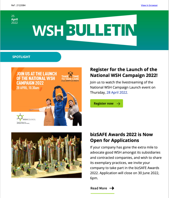 WSH Bulletin 25 Apr 2022 1 bizSAFE Awards 2 Public Consult for Guide to ...
