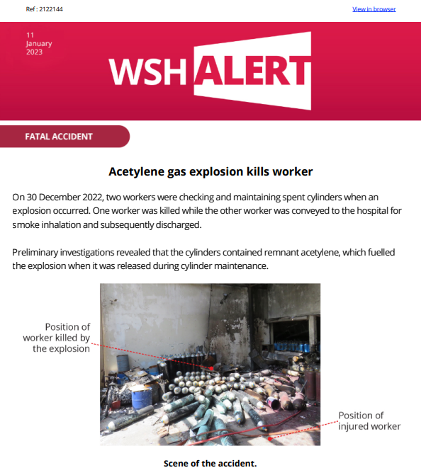 WSH Alert 11 Jan 2023 Fatal Accident Acetylene gas explosion kills worker