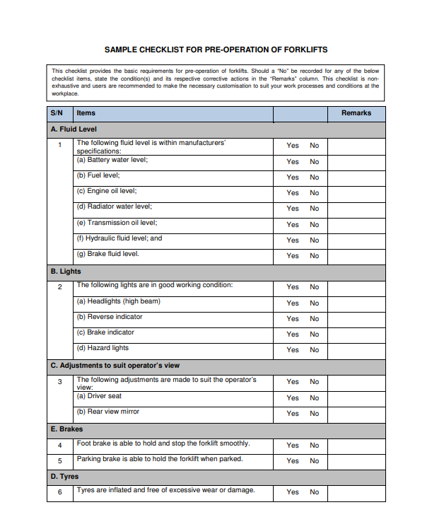 Forklift Daily Checklist Osha Requirements