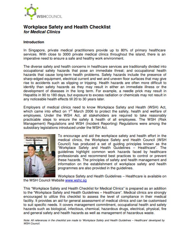 Workplace Safety and Health for Medical Clinics Checklist