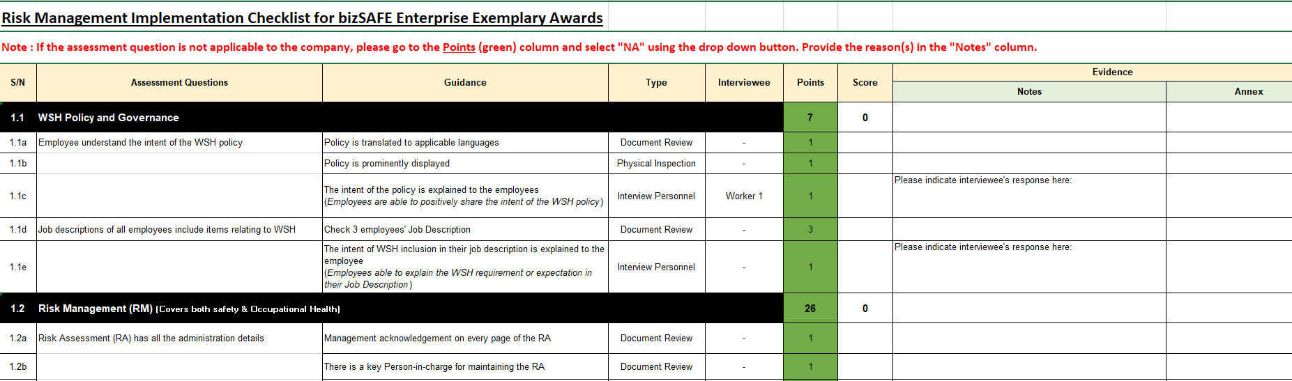Risk Management Implementation Checklist for bizSAFE Exemplary Awards