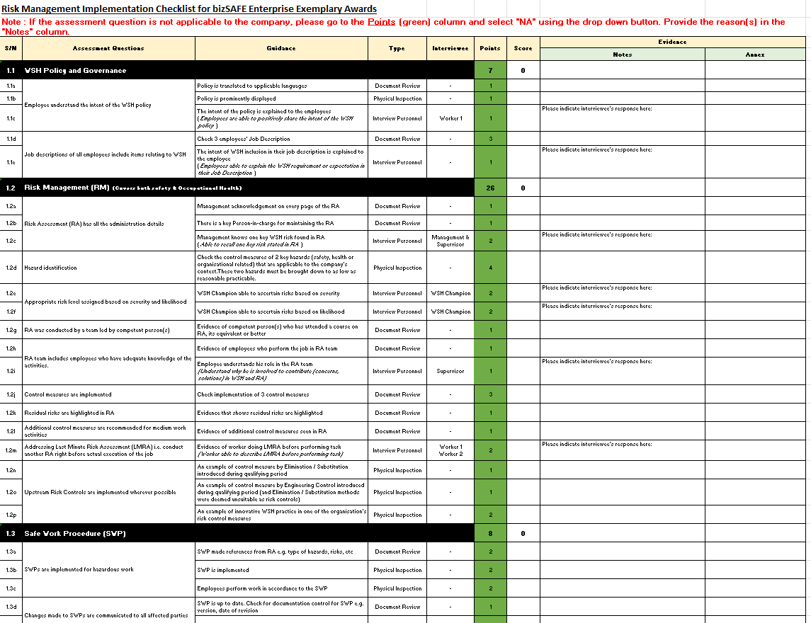 Risk Management Implementation checklist for bizSAFE Exemplary Awards